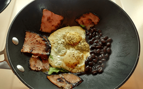 Ham and eggs and beans and spinach and soap